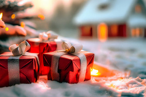 Detail of gifts on snow next to pine at dawn, a Holiday Photo by Davizro's Market
