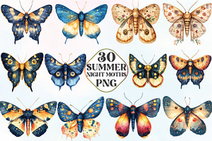 Watercolor Summer Night Moths, an Illustration by CraftArtStudio