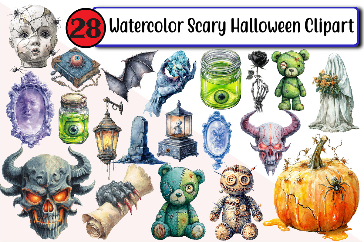 Watercolor Scary Halloween Clipart, an Illustration by Design Market (Photo 1 of 3)
