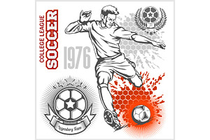 Soccer Player Kicking Ball And Football Emblems.