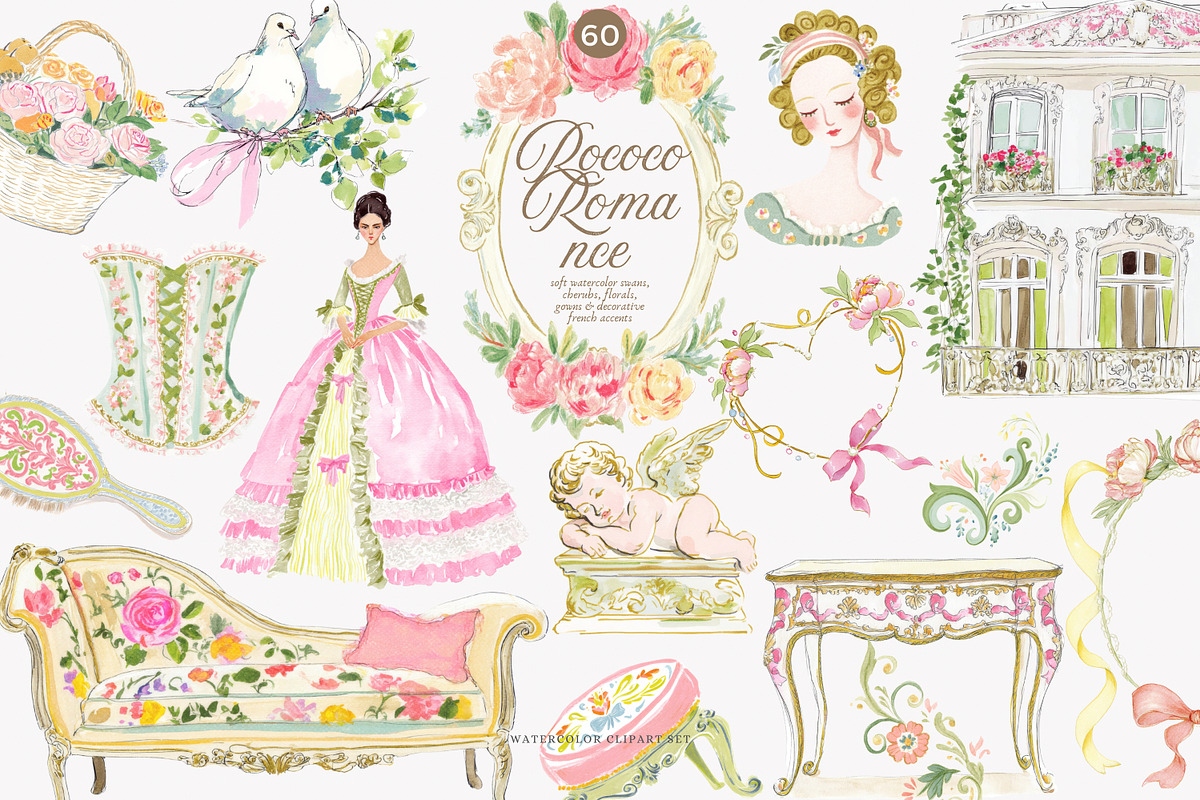 watercolor rococo coquette clipart, a Decorative Illustration by Patishop Art (Photo 1 of 9)