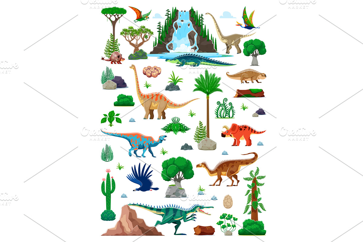 Prehistoric era plants and dinosaurs, an Animal Illustration by Vector Tradition