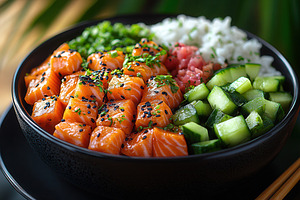 Fresh salmon bowl featuring diced cu, a Photo by Tanuart
