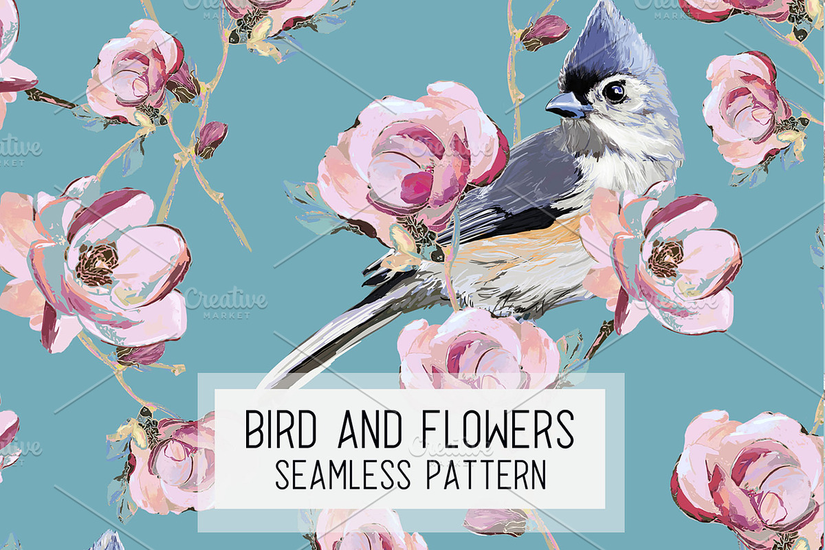 Cute birds and flowers pattern, a Pattern Graphic by Sweet_print (Photo 1 of 6)