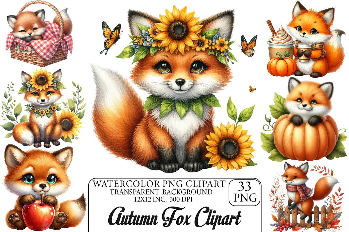 Watercolor Autumn Fox Clipart Bundle, an Illustration by DreamPrint404 (Photo 1 of 6)