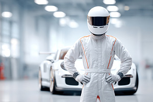 Confident race car driver with sports car in background, a Sports & Recreation Photo by AlyaAnd