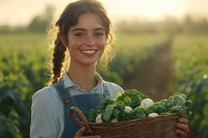 A young girl with a braid smiles while holding a basket of fresh vegetables in, a Person Photo by Textures & Backgrounds