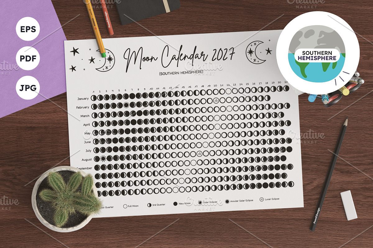 2027 Moon Calendar B&W Southern, a Poster Template by insemar (Photo 1 of 5)
