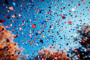 Colorful confetti falling against a, a Photo by Tanuart