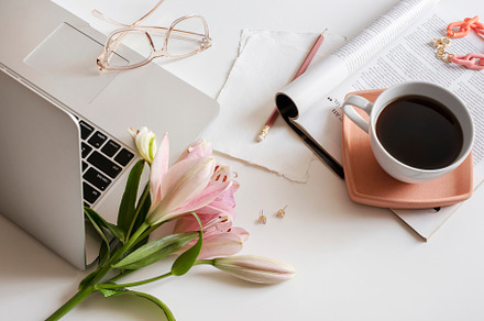 Coffee & Lillies on White Workspace, a Business Photo by Her Creative Studio
