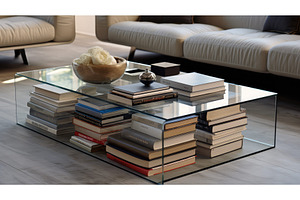 decor books on coffee table ai, an Architecture Photo by pikepicture
