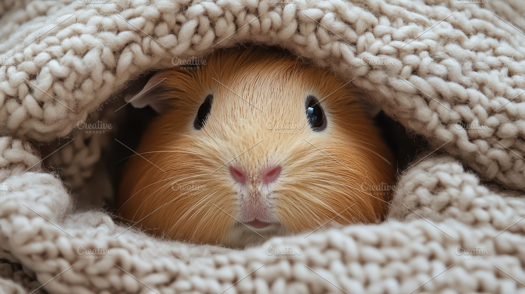 Snug guinea pig peeks from warm, bei, an Animal Photo by Pixeness Studio