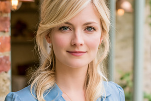 Young blonde woman smiling, looking at camera with serene expres, a Person Photo by Studio ANNA