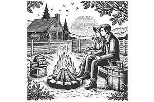 couple by campfire near cabin at, a Person Illustration by AlexArt