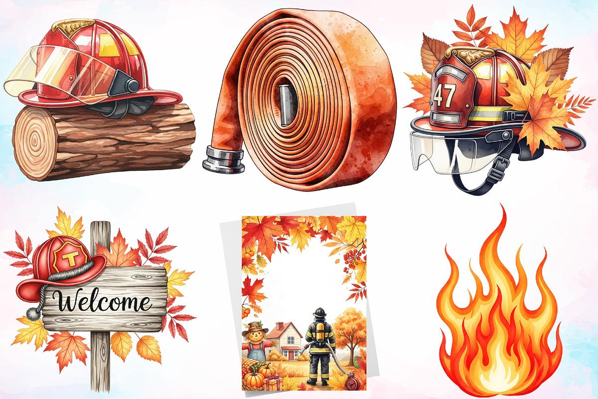 Watercolor Autumn Firefighter PNG, a Seasonal Illustration by Canvas Craft (Photo 5 of 8)