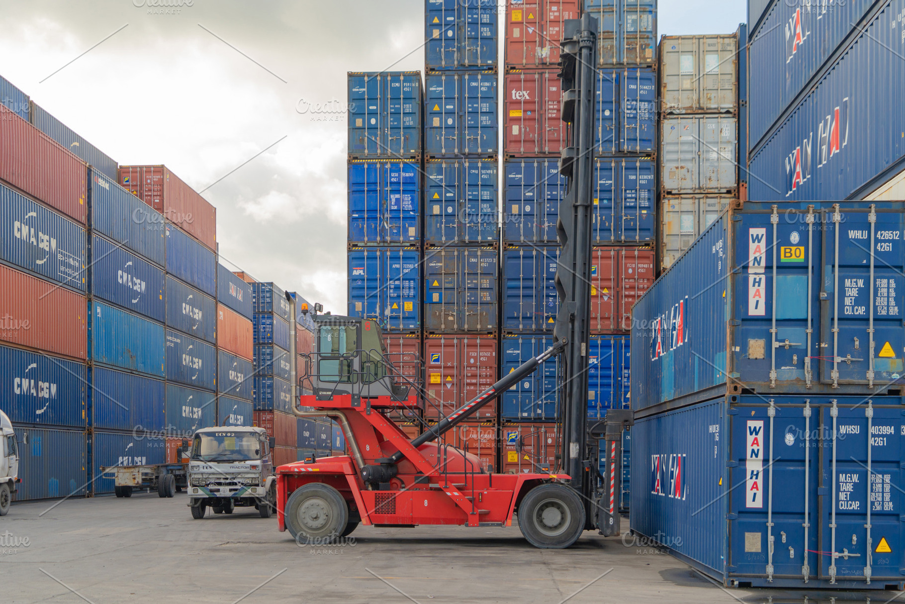Shipping container site loading by crane in logistic port wareho, a ...