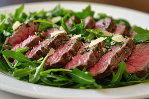 Beef carpaccio served on a bed of fresh arugula garnished with cheese flakes, a Food & Drink Photo by AlyaAnd