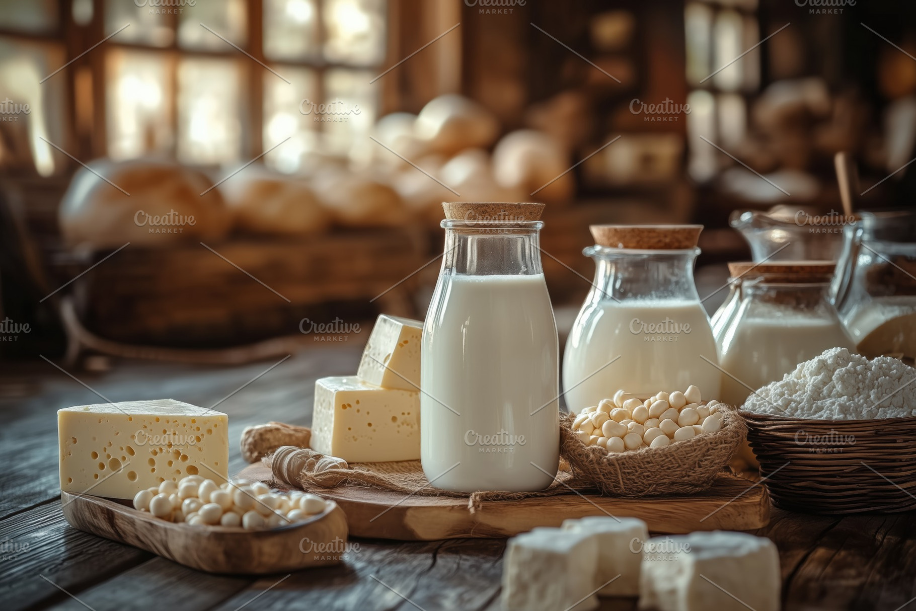 A rustic kitchen scene featuring a glass bottle of milk, various types of chees, a Person Photo by Textures & Backgrounds