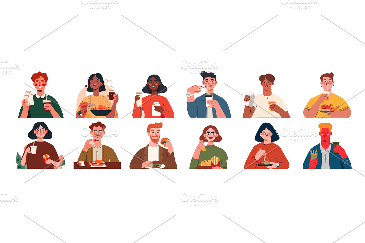 Diverse people eating fast food, a Person Illustration by Onyx