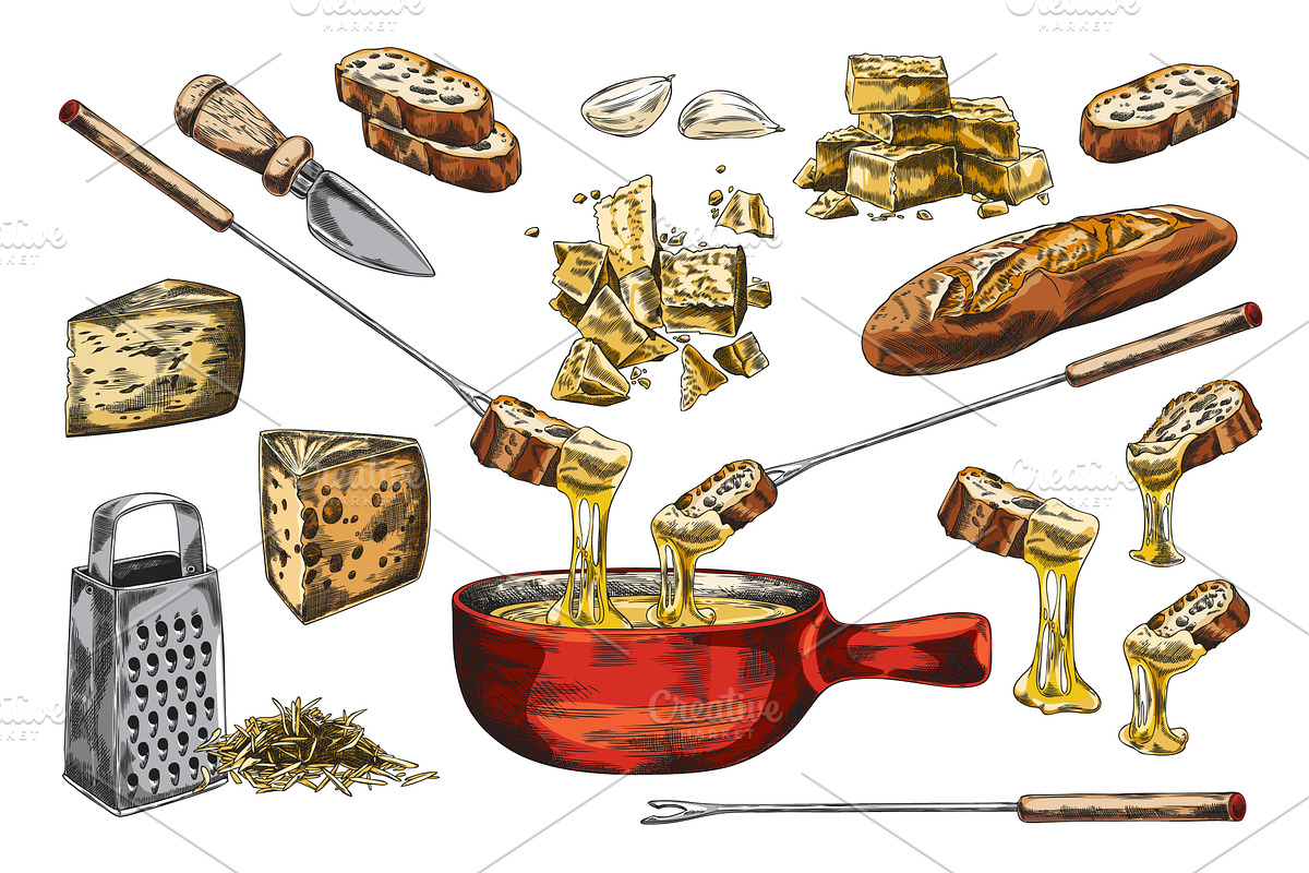 Cheese fondue sketch vector set, a Food Illustration by Sabelskaya