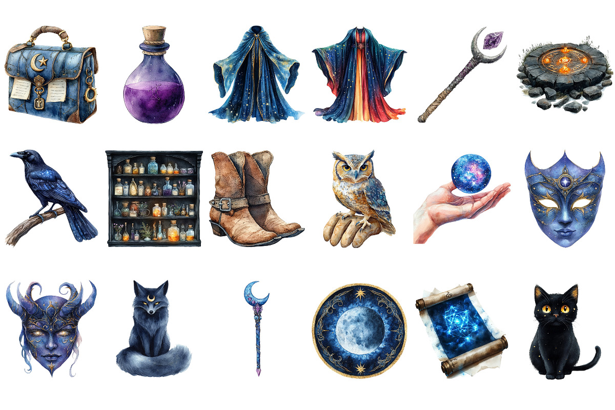 Watercolor Nocturne Wizard Clipart, an Illustration by Craft Nest (Photo 2 of 5)