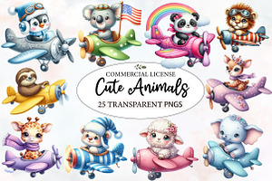 Airplane Watercolor Clipart Animals, an Illustration by Designworld