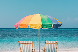 Relaxing beach setting with colorful umbrella and wooden chairs facing the tran, a Photo by AlyaAnd