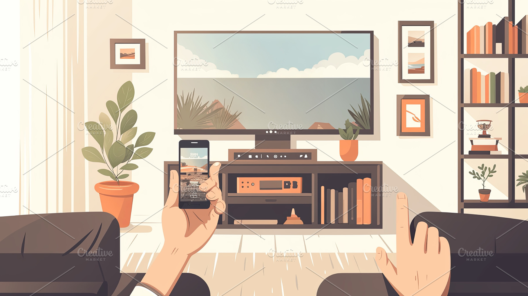 Using a smartphone for media streaming in a cozy living room setting, a Photo by AS photostudio