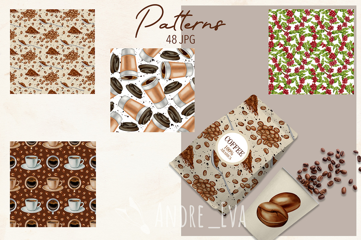 Watercolor Coffee Clipart/Pattern, a Food Illustration by Andre_Eva (Photo 7 of 10)