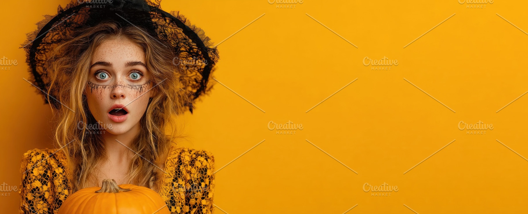 Surprised young woman in witch costume holding pumpkin on bright, a Person Photo by José Manuel Gelpi