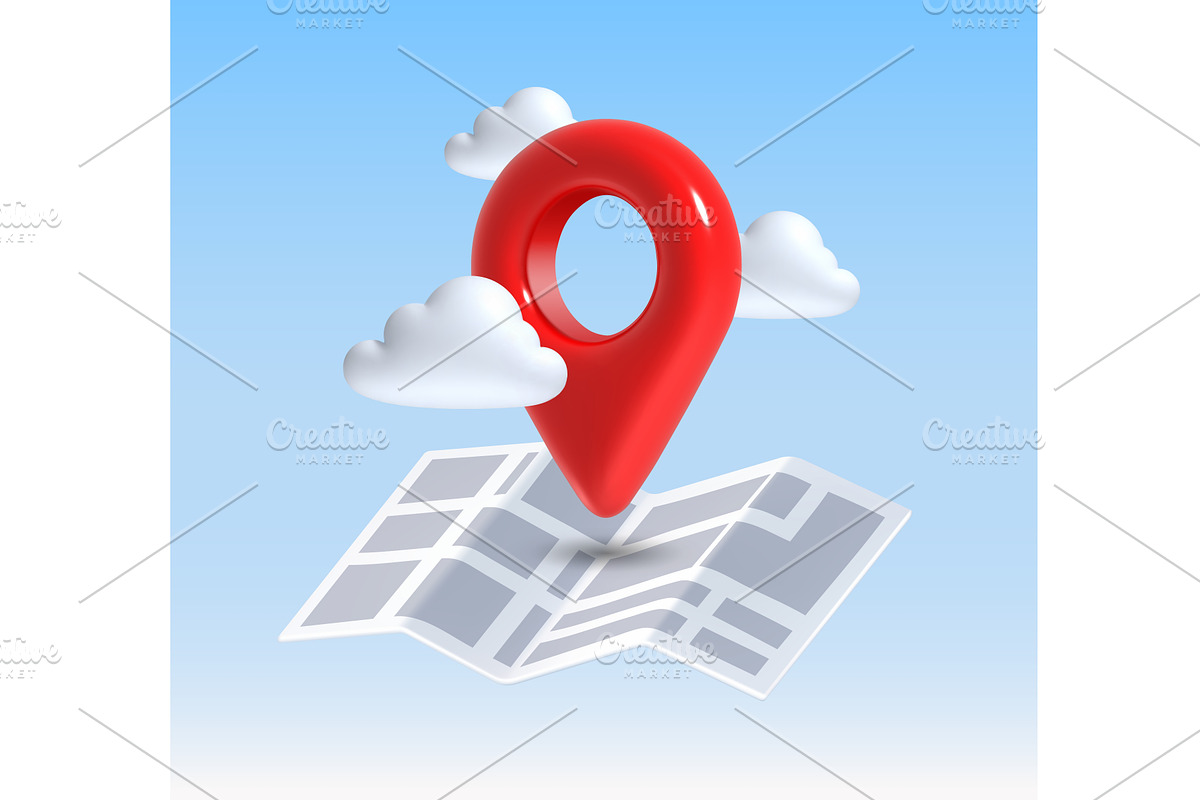 3d location red pin with map and, a Technology Illustration by Frogella
