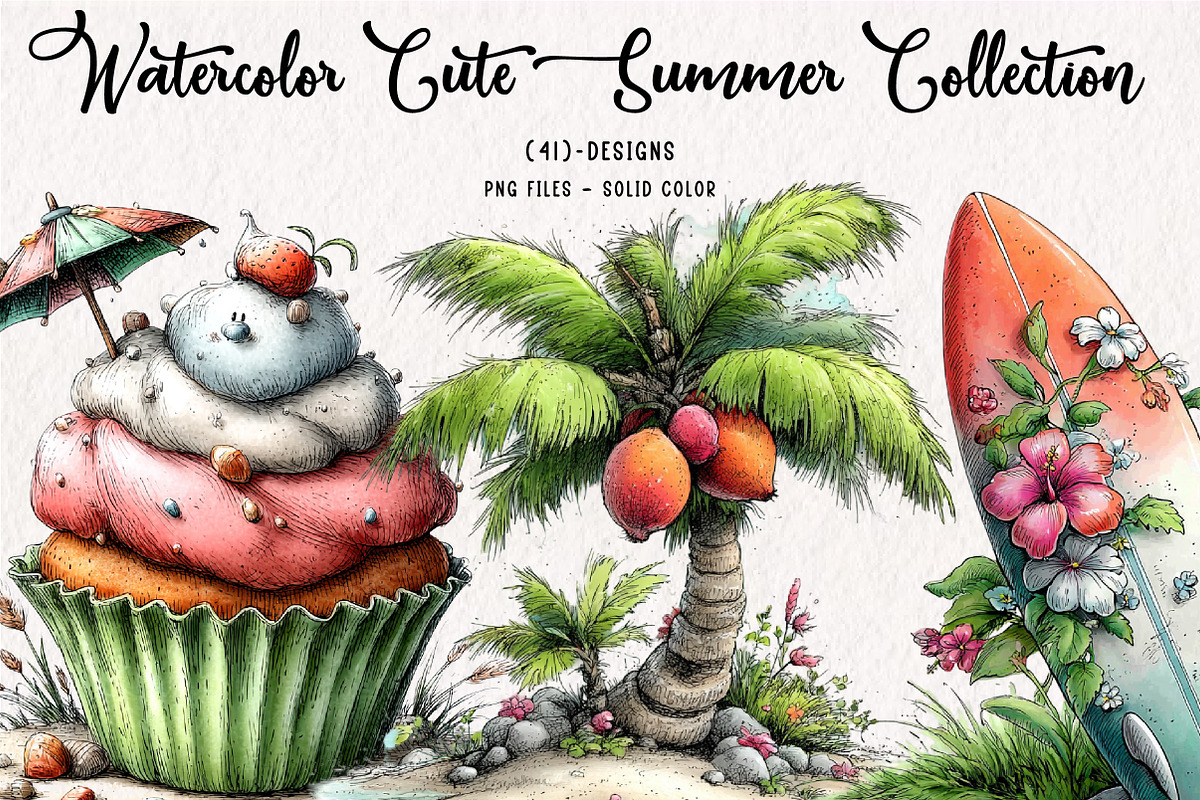 Watercolor Cute Summer Collection, an Illustration by CreationArt (Photo 1 of 7)