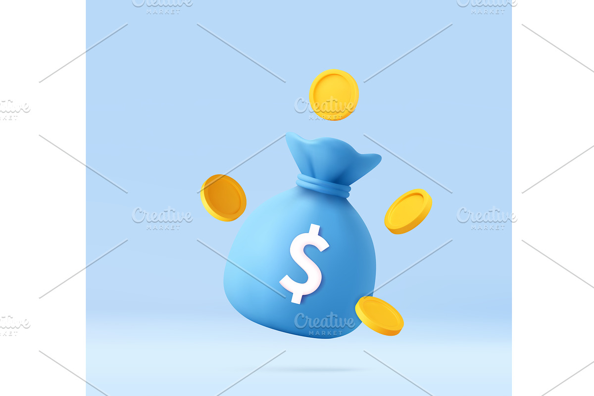 3D Floating Money blue Bag with, a Finance Illustration by ModVector
