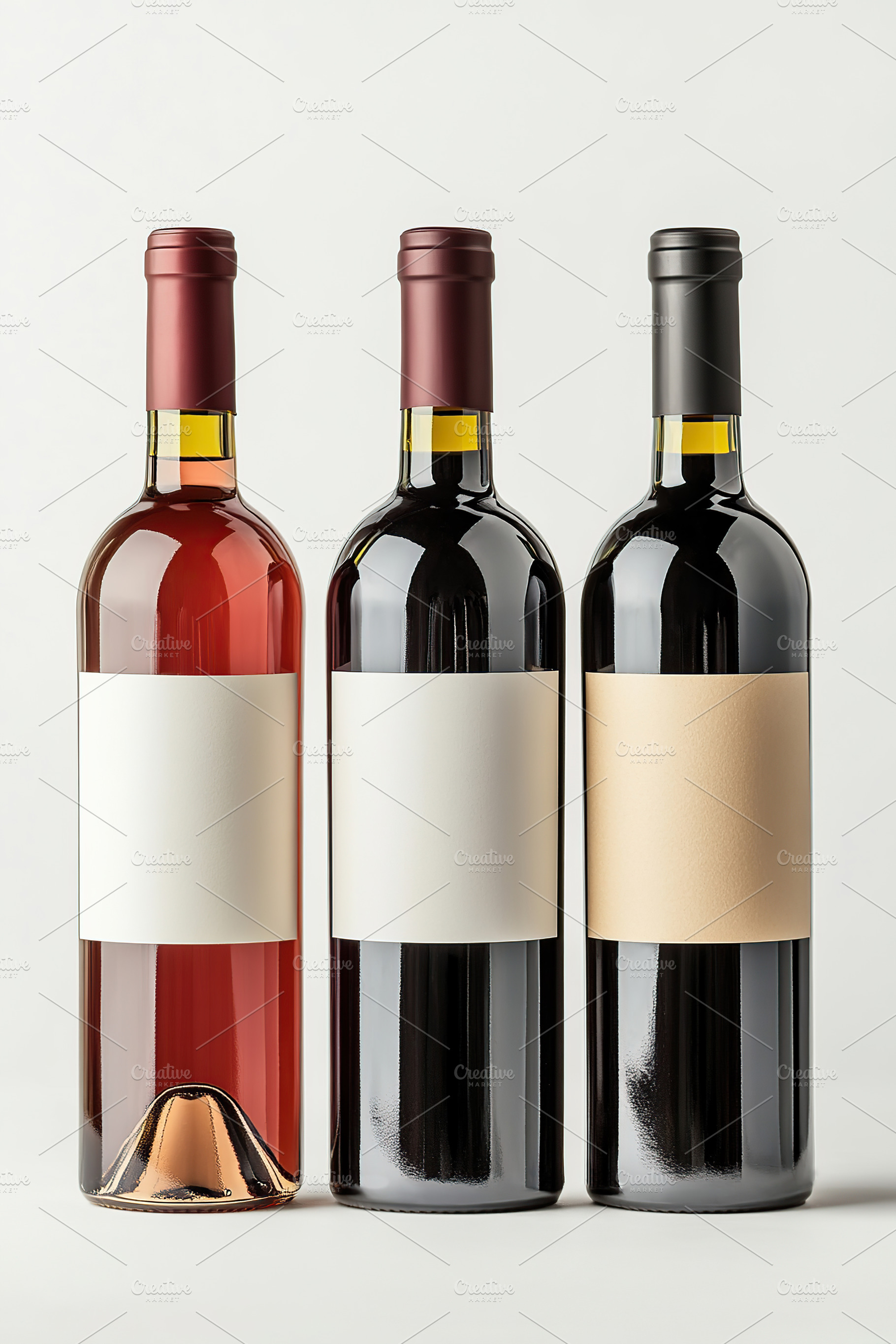 Three wine bottles with blank labels positioned on a neutral bac, a Food & Drink Photo by AlyaAnd