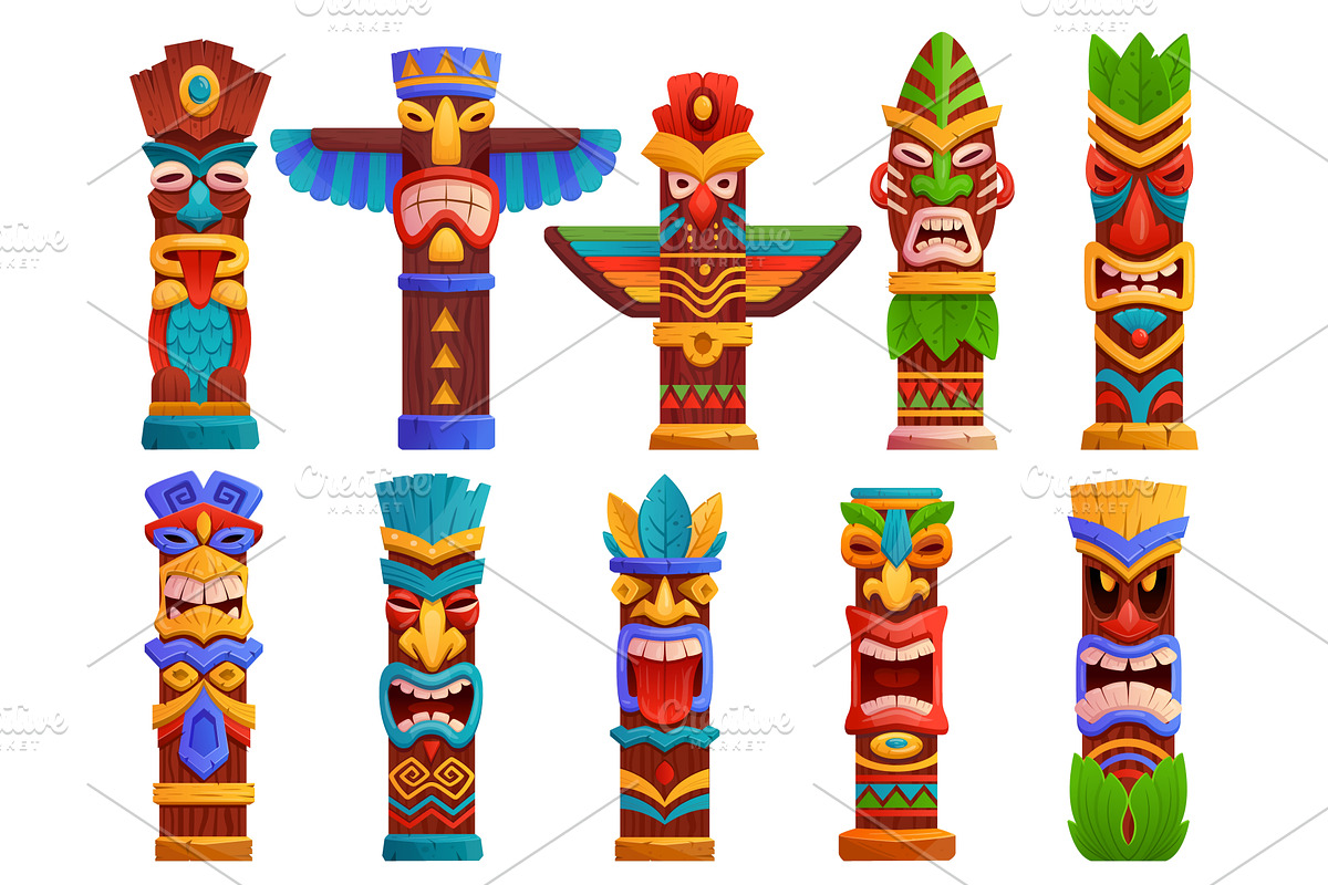 Cartoon tiki totems. Polynesian, an Illustration by Stock-Smart-Start