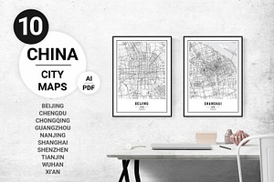 China City Street Maps - Print Art