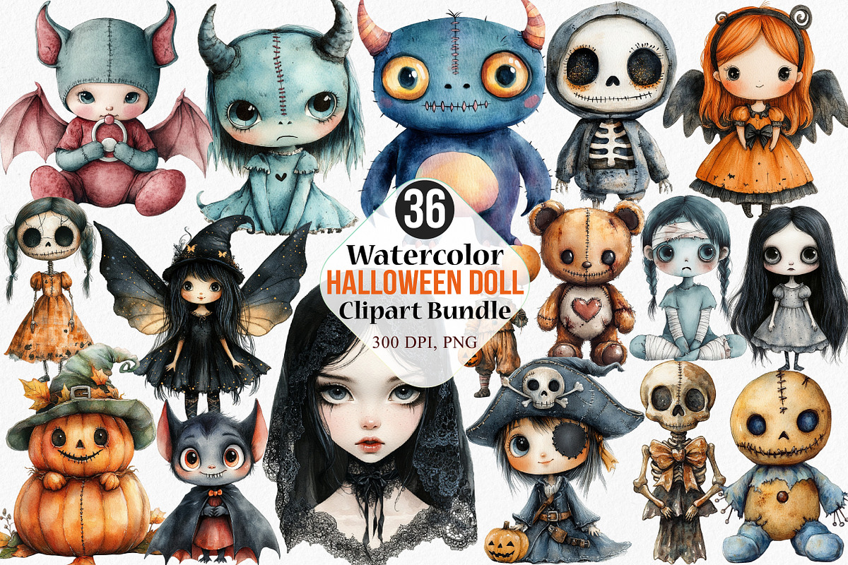 Watercolor Halloween Doll Clipart, an Illustration by Canvas Craft (Photo 1 of 8)