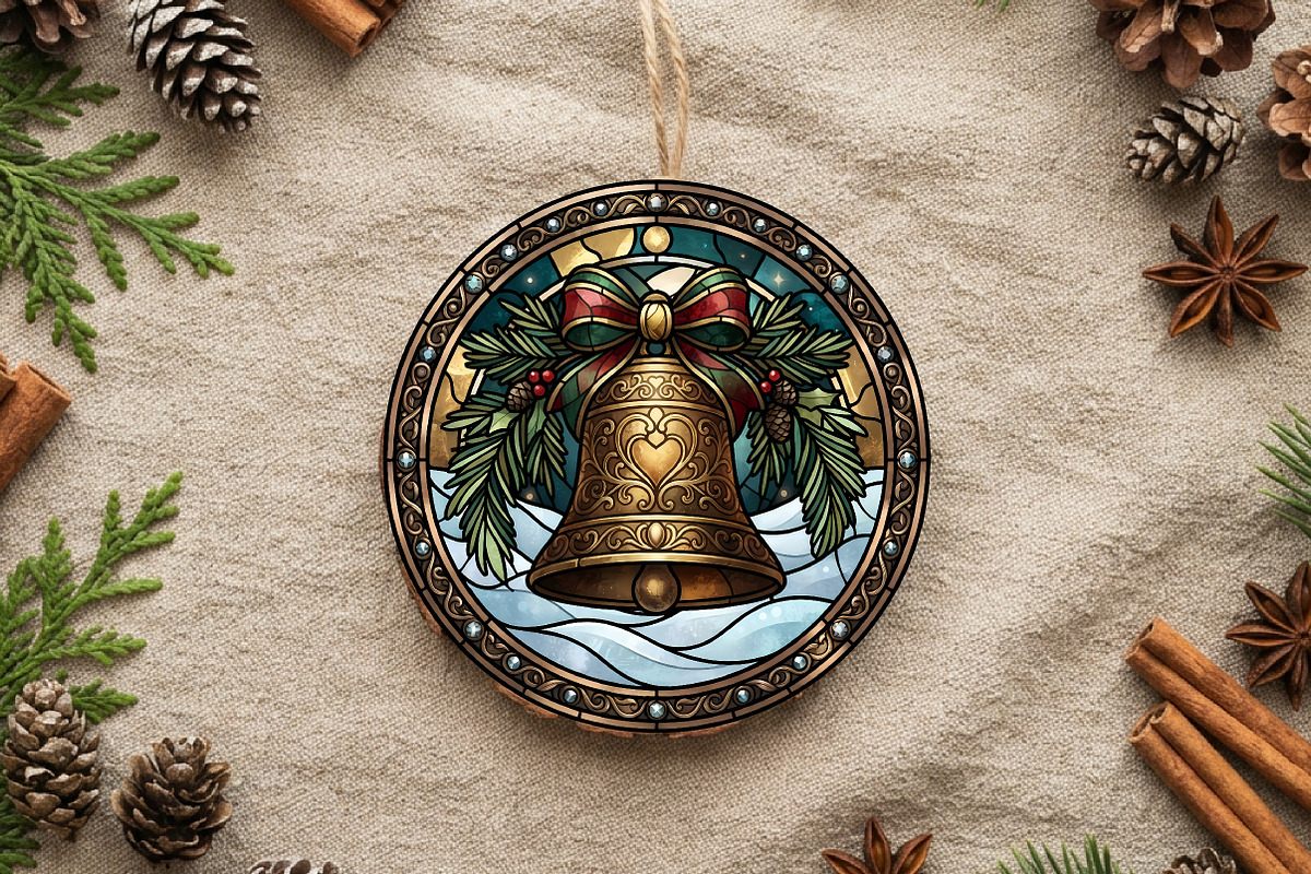 Stained Glas Christmas Bell Ornament, a Seasonal Illustration by CrexoraLab (Photo 2 of 3)