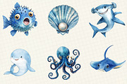 Watercolor Blue Ocean Animals Clipar, an Illustration by OK Design (Thumbnail 2 of 5)