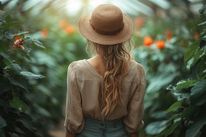 Woman in straw hat walks through flo, a Photo by Tanuart