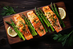 Baked salmon with green asparagus and slices of lemon on wooden background, a Food & Drink Photo by AlyaAnd