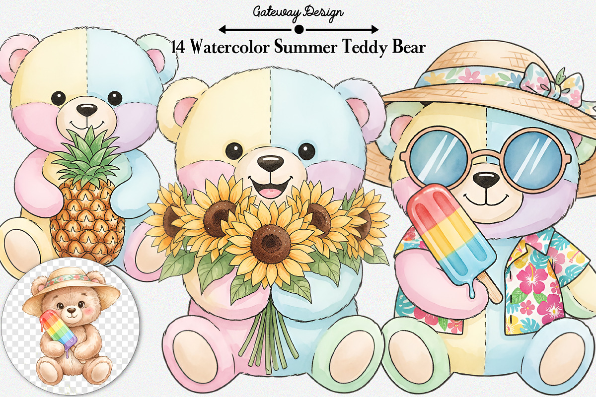 Watercolor Summer Teddy Bear Clipart, an Illustration by GatewayDesign (Photo 1 of 3)