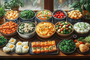 Colorful array of assorted dishes di, a Photo by Tanuart