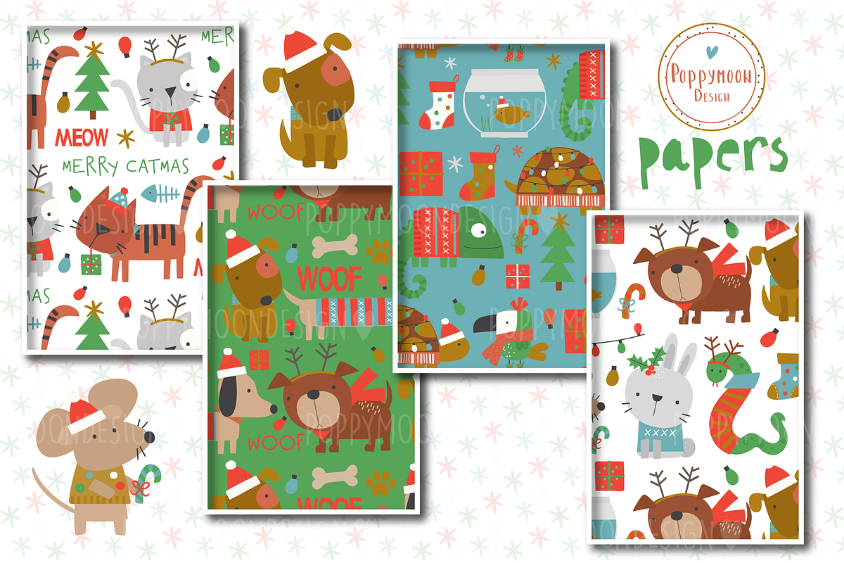 Holiday pets paper set, a Pattern Graphic by Poppymoondesign (Photo 2 of 3)