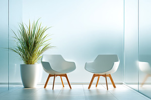 Modern interior with white chairs and green plant, a Business Photo by AlyaAnd