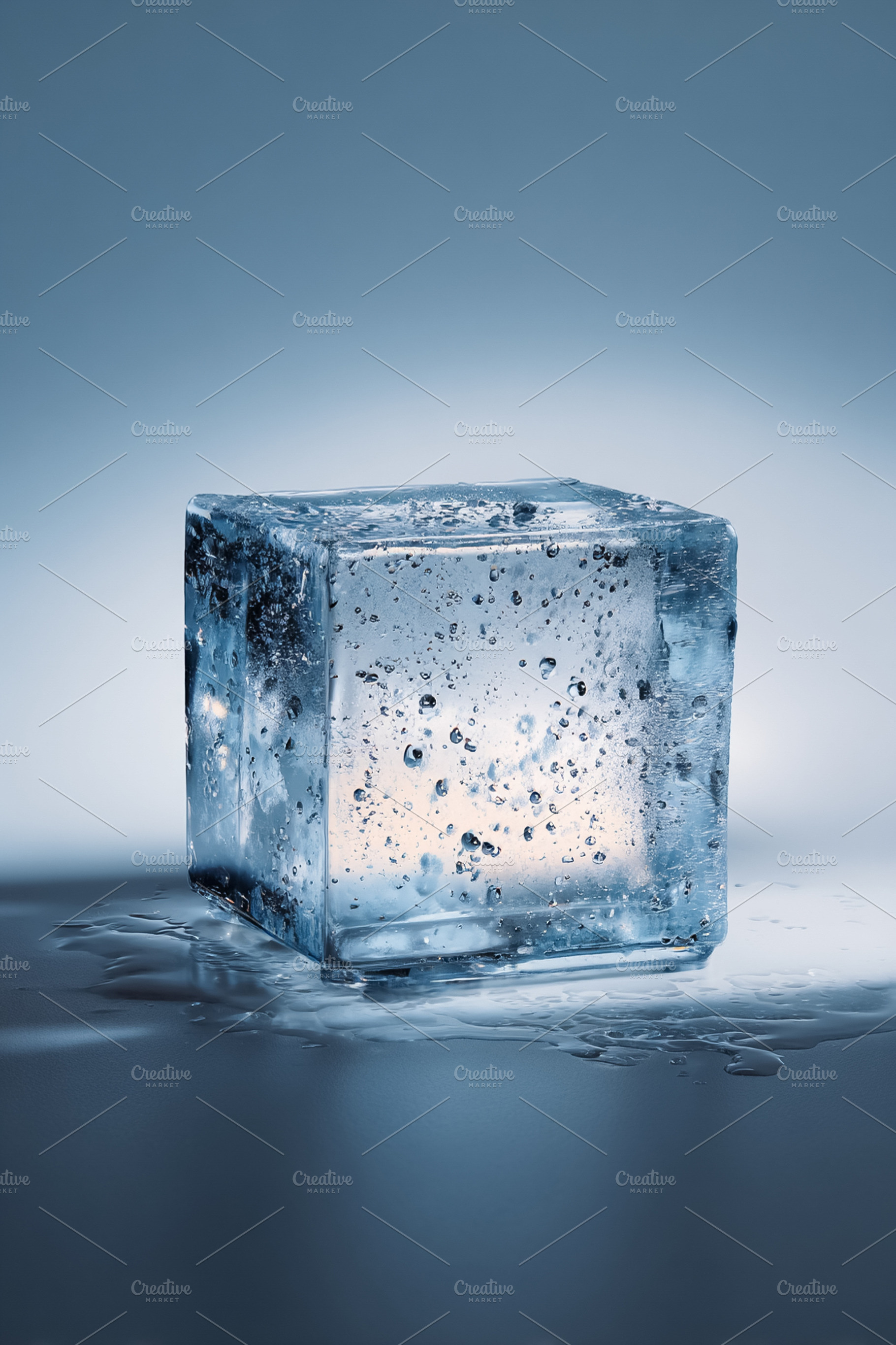 Ice cube slowly melting on a surface, forming puddles of water., a Photo by Studio ANNA