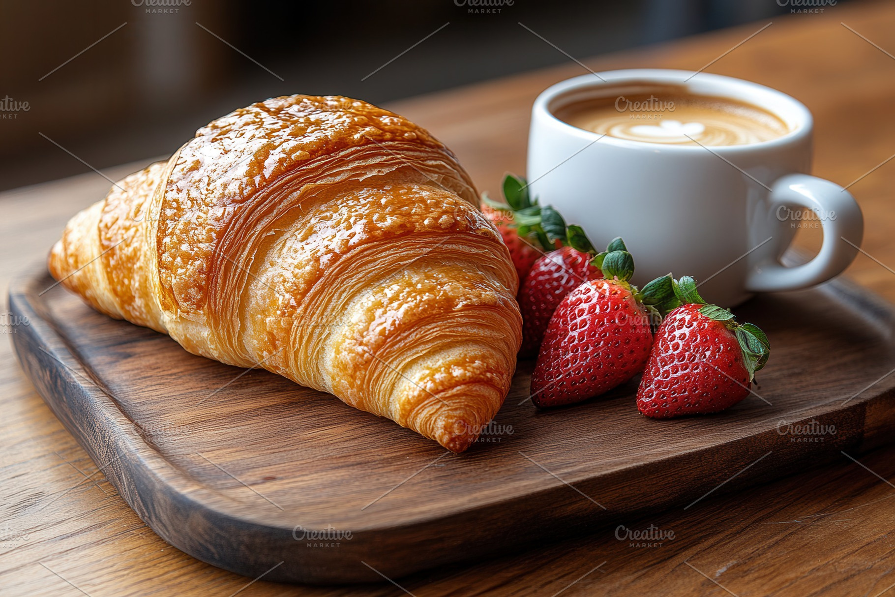 Freshly baked croissant with strawbe, a Photo by Tanuart