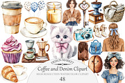 Watercolor Coffee and Denim Clipart, an Illustration by Design Market (Thumbnail 1 of 5)