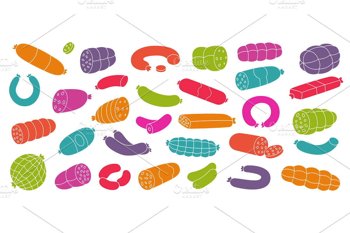Fresh sausages set. Meat sausages, a Food Illustration by GraphiShop