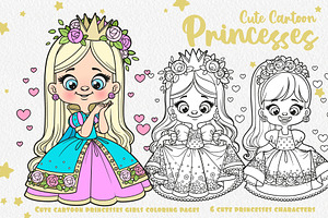 6 cute cartoon longhaired Princesses